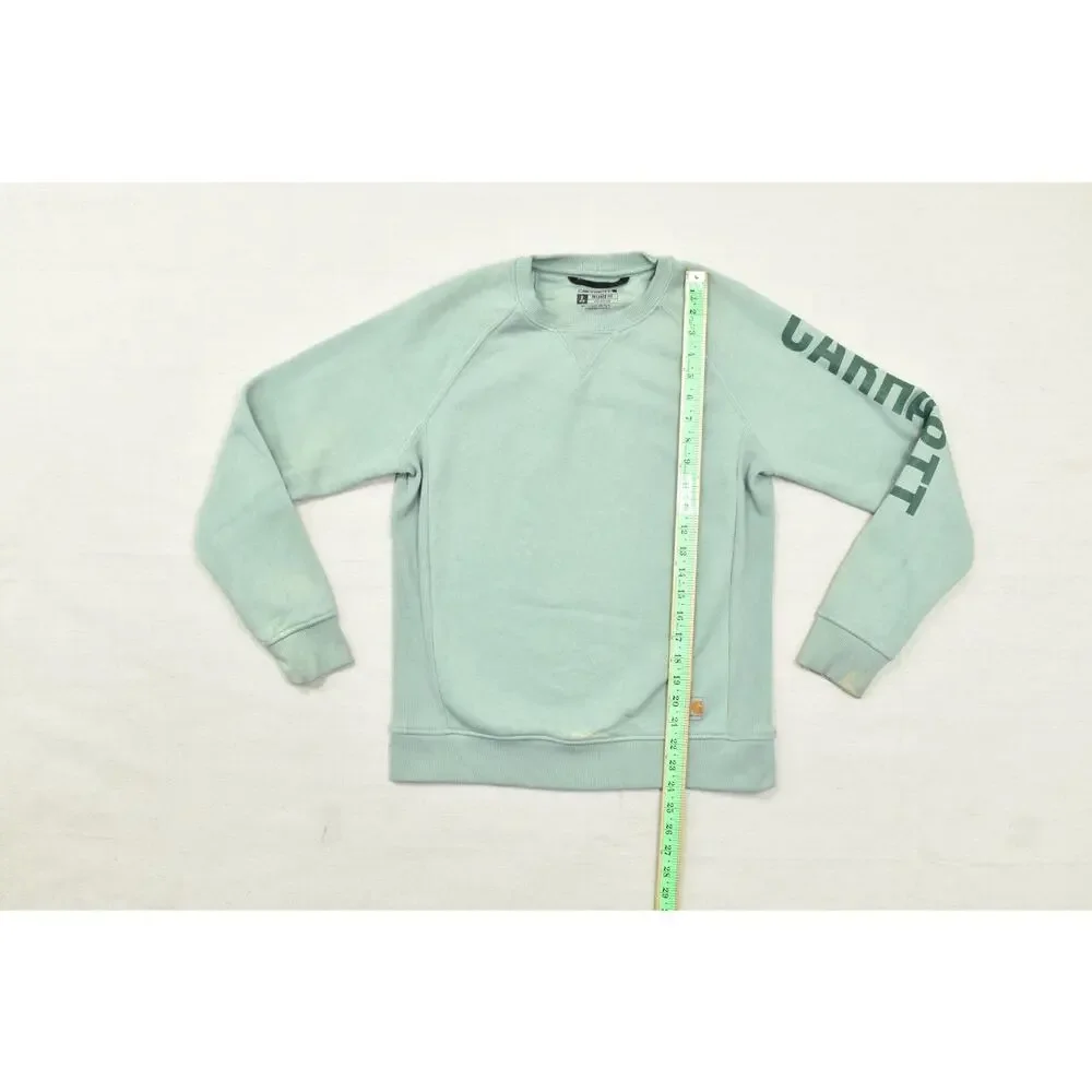 Carhartt Women's Relaxed Fit Sweatshirt Size S Green Crewneck Logo Sleeve Cotton - Picture 2 of 8